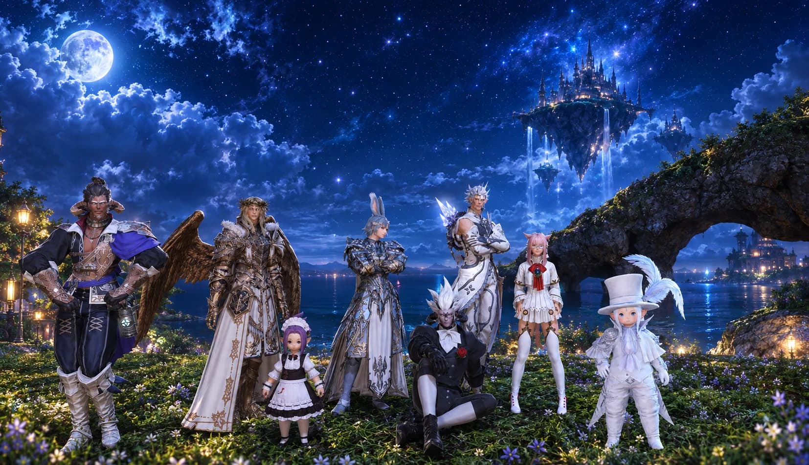 The gang lined up under a full moon and a floating castle, wings, armour, ribbons and an improbable quantity of white