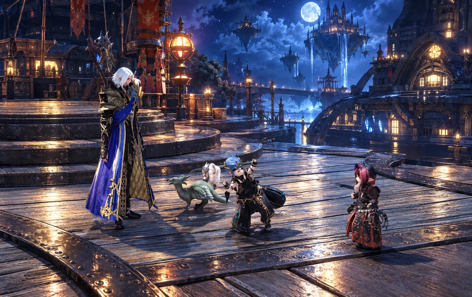 The three of us on a lamplit pier at night, a small minion between us, the city glowing across the water