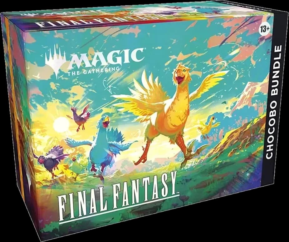 The Final Fantasy Chocobo Bundle box, a yellow chocobo mid-stride across a bright meadow with blue and purple chocobos behind it