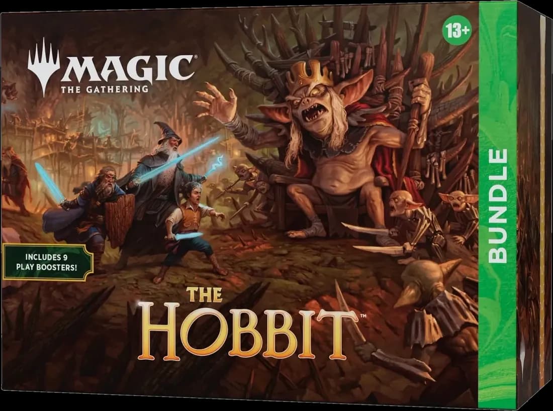 The Hobbit Bundle box, showing Gandalf, Thorin and Bilbo with drawn blades before the Great Goblin on his throne
