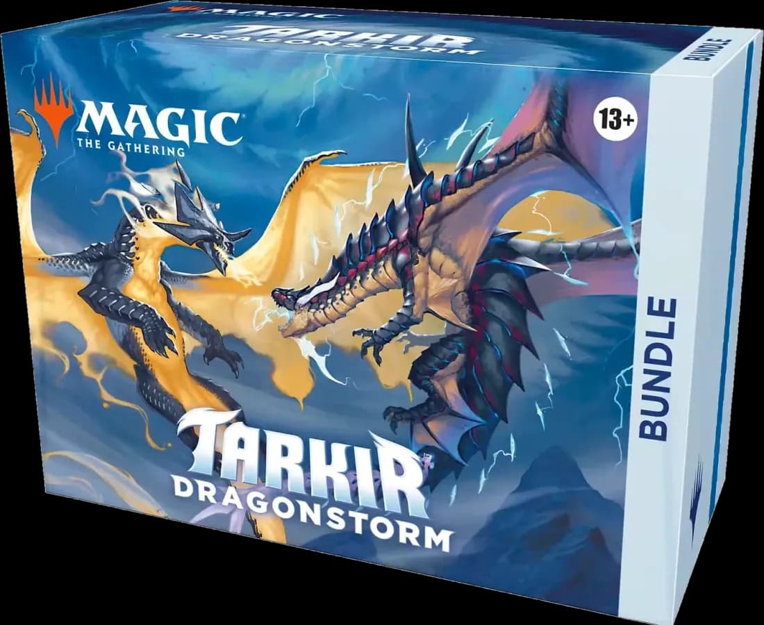 The Tarkir: Dragonstorm Bundle box, two dragons locked together in a storm of lightning over blue mountains
