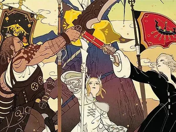 Banners and raised weapons in a bright illustrated crowd of adventurers