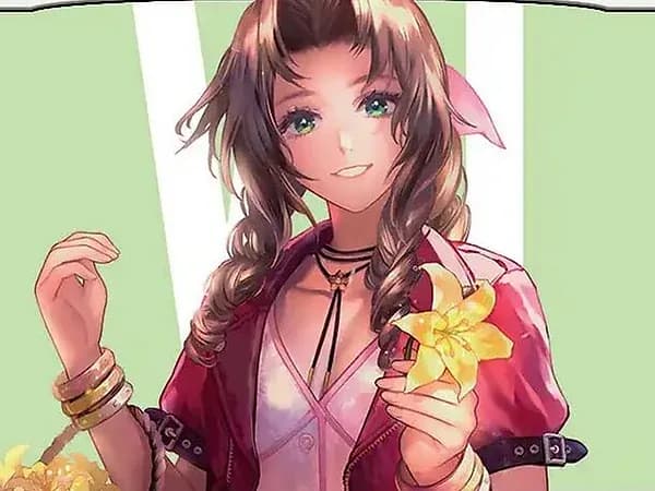 Aerith smiling in her red jacket, holding a yellow flower, against pale green light