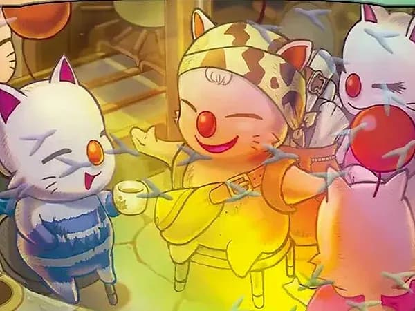 Three moogles in a warm lamplit shop, one in yellow holding out a cup
