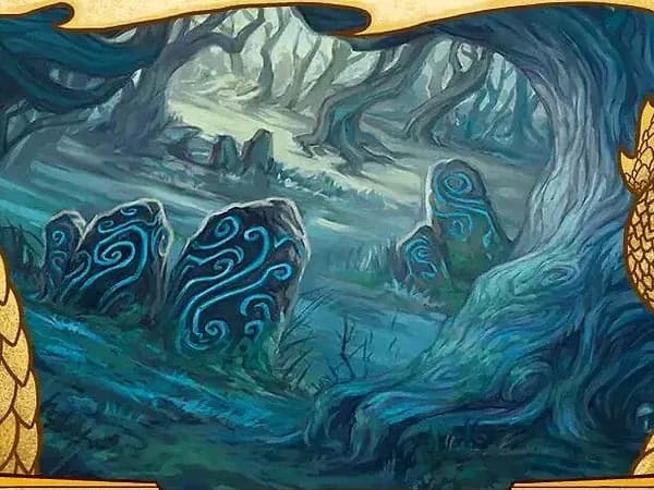 A misty blue-green forest path between carved stones glowing with pale sigils
