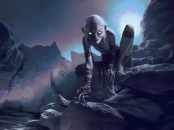 Gollum crouched on wet rocks in pale cave light, eyes shining