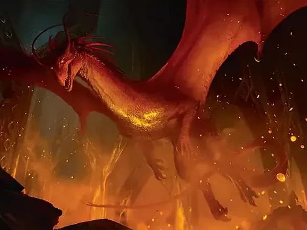 A vast red dragon with wings spread over a sea of fire and reaching hands