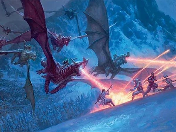 Riders on red dragons breathing fire down onto a line of soldiers in a snowy pass
