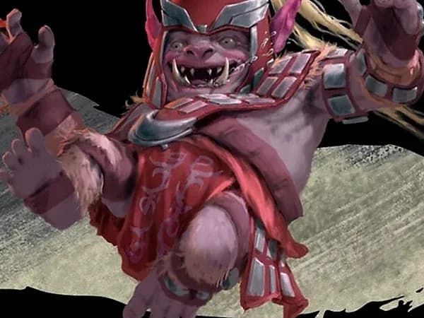 A snarling armoured brawler in red and silver throwing both arms wide in an arena