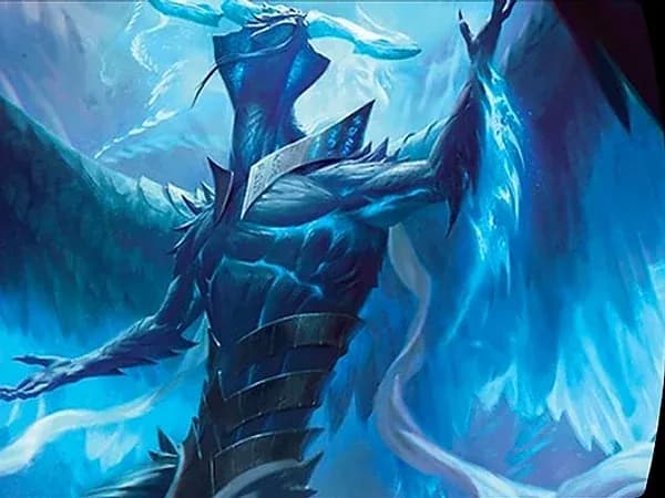 A spectral blue dragon of wind and ice rising with wings outstretched